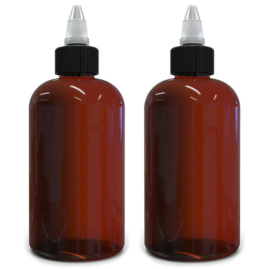 BRIGHTFROM Twist Top Applicator Bottles 8 OZ Amber - BPA-Free PET Squeeze Bottles with Open/Close Nozzle, Refillable, Multi Purpose (Pack of 2)