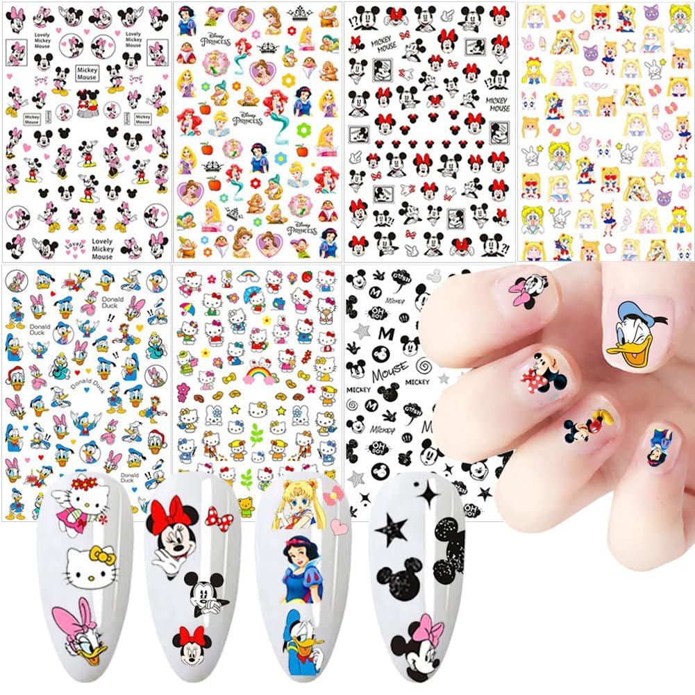 Cute Cartoon Nail Art Stickers - 3D Self-Adhesive Nail Decals for Acrylic Nails, 7 Sheets Multicolor - görsel 1