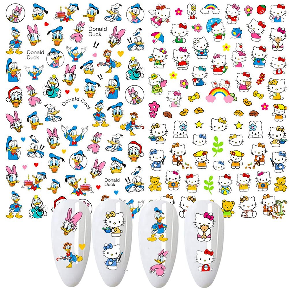 Cute Cartoon Nail Art Stickers - 3D Self-Adhesive Nail Decals for Acrylic Nails, 7 Sheets Multicolor - görsel 3