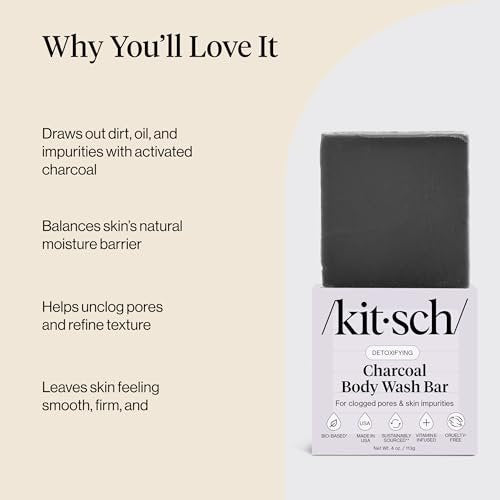 Kitsch Charcoal Soap Body Wash Bar – Detoxifying Activated Charcoal Bar Soap for Excess Oil & Impurities, Pores, Firming & Moisturizing – Made in USA - 4 oz - görsel 8