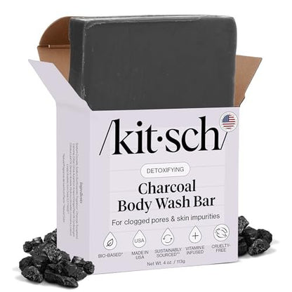 Kitsch Charcoal Soap Body Wash Bar – Detoxifying Activated Charcoal Bar Soap for Excess Oil & Impurities, Pores, Firming & Moisturizing – Made in USA - 4 oz