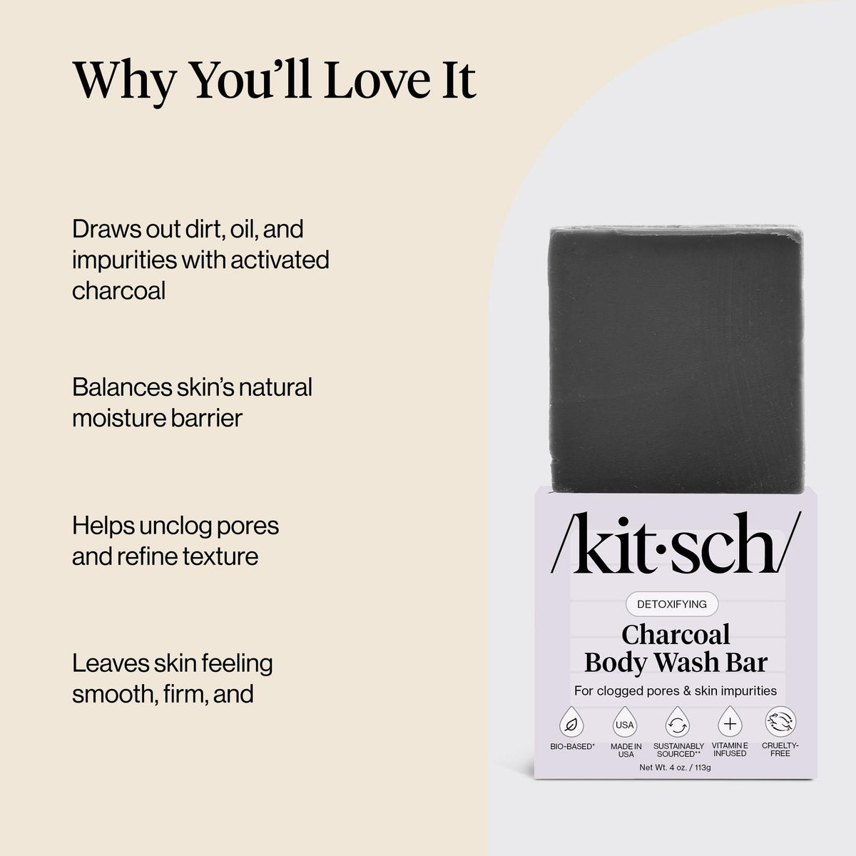 Kitsch Charcoal Soap Body Wash Bar – Detoxifying Activated Charcoal Bar Soap for Excess Oil & Impurities, Pores, Firming & Moisturizing – Made in USA - 4 oz - görsel 7