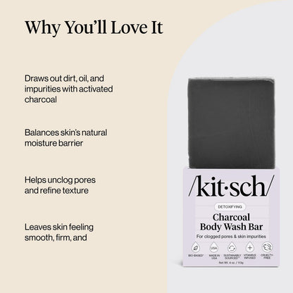 Kitsch Charcoal Soap Body Wash Bar – Detoxifying Activated Charcoal Bar Soap for Excess Oil & Impurities, Pores, Firming & Moisturizing – Made in USA - 4 oz
