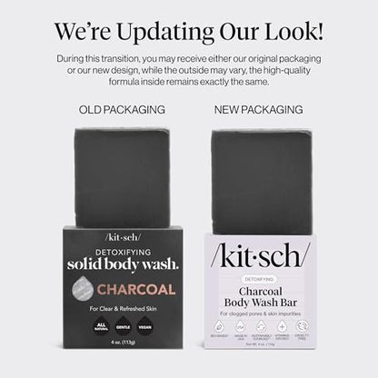 Kitsch Charcoal Soap Body Wash Bar – Detoxifying Activated Charcoal Bar Soap for Excess Oil & Impurities, Pores, Firming & Moisturizing – Made in USA - 4 oz