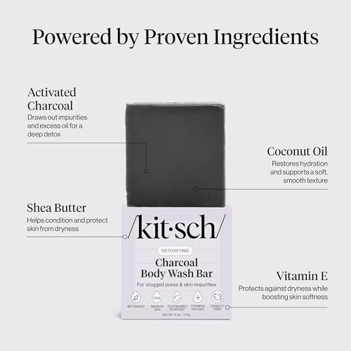 Kitsch Charcoal Soap Body Wash Bar – Detoxifying Activated Charcoal Bar Soap for Excess Oil & Impurities, Pores, Firming & Moisturizing – Made in USA - 4 oz - görsel 10