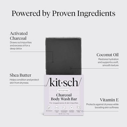 Kitsch Charcoal Soap Body Wash Bar – Detoxifying Activated Charcoal Bar Soap for Excess Oil & Impurities, Pores, Firming & Moisturizing – Made in USA - 4 oz