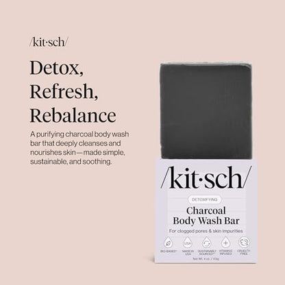 Kitsch Charcoal Soap Body Wash Bar – Detoxifying Activated Charcoal Bar Soap for Excess Oil & Impurities, Pores, Firming & Moisturizing – Made in USA - 4 oz
