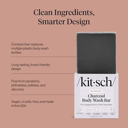 Kitsch Charcoal Soap Body Wash Bar – Detoxifying Activated Charcoal Bar Soap for Excess Oil & Impurities, Pores, Firming & Moisturizing – Made in USA - 4 oz