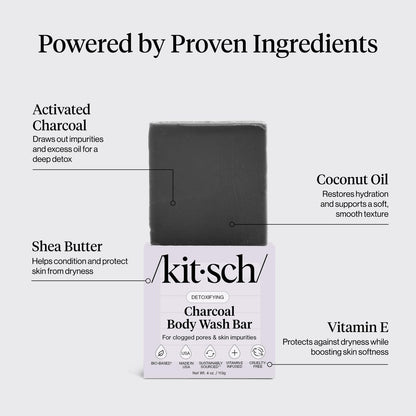 Kitsch Charcoal Soap Body Wash Bar – Detoxifying Activated Charcoal Bar Soap for Excess Oil & Impurities, Pores, Firming & Moisturizing – Made in USA - 4 oz