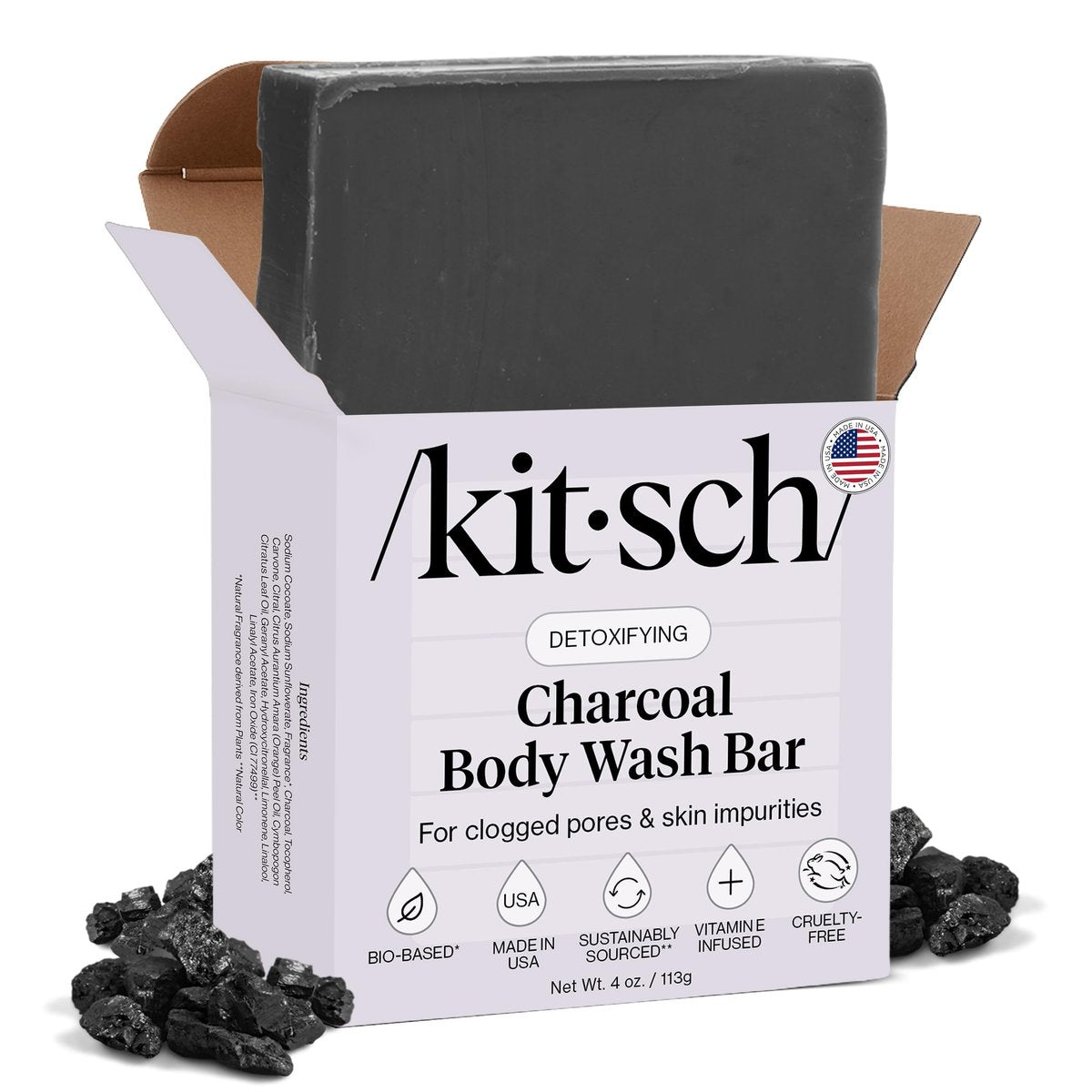Kitsch Charcoal Soap Body Wash Bar – Detoxifying Activated Charcoal Bar Soap for Excess Oil & Impurities, Pores, Firming & Moisturizing – Made in USA - 4 oz - görsel 1