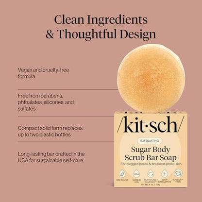 Kitsch Exfoliating Sugar Body Scrub Bar Soap – Hydrating & Polishing Body Scrub with Walnut Shell & Coconut Oil for Smooth, Glowing Skin – Made in USA, 4 oz