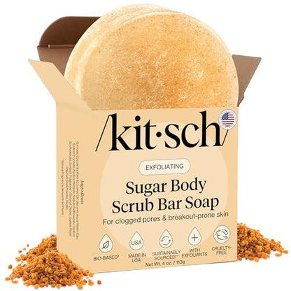 Kitsch Exfoliating Sugar Body Scrub Bar Soap – Hydrating & Polishing Body Scrub with Walnut Shell & Coconut Oil for Smooth, Glowing Skin – Made in USA, 4 oz