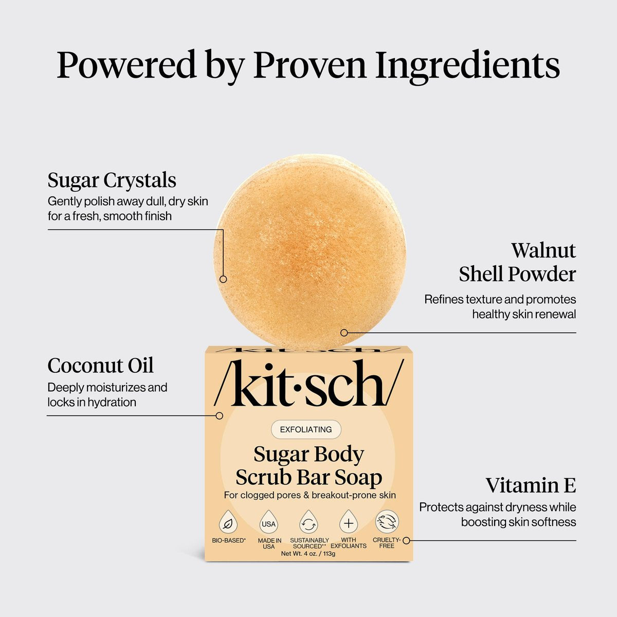 Kitsch Exfoliating Sugar Body Scrub Bar Soap – Hydrating & Polishing Body Scrub with Walnut Shell & Coconut Oil for Smooth, Glowing Skin – Made in USA, 4 oz - görsel 6