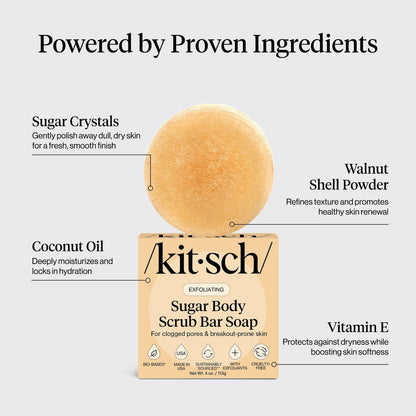 Kitsch Exfoliating Sugar Body Scrub Bar Soap – Hydrating & Polishing Body Scrub with Walnut Shell & Coconut Oil for Smooth, Glowing Skin – Made in USA, 4 oz