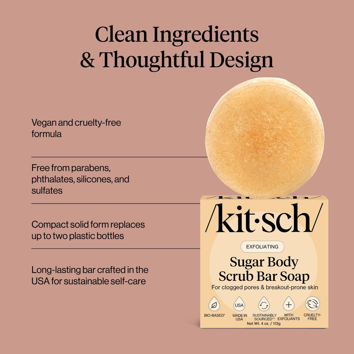 Kitsch Exfoliating Sugar Body Scrub Bar Soap – Hydrating & Polishing Body Scrub with Walnut Shell & Coconut Oil for Smooth, Glowing Skin – Made in USA, 4 oz - görsel 8
