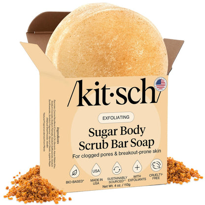 Kitsch Exfoliating Sugar Body Scrub Bar Soap – Hydrating & Polishing Body Scrub with Walnut Shell & Coconut Oil for Smooth, Glowing Skin – Made in USA, 4 oz