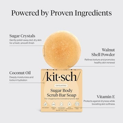 Kitsch Exfoliating Sugar Body Scrub Bar Soap – Hydrating & Polishing Body Scrub with Walnut Shell & Coconut Oil for Smooth, Glowing Skin – Made in USA, 4 oz