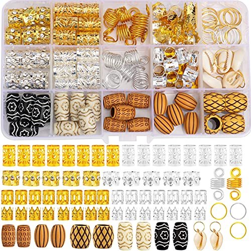 Jelyne 133 PCS Hair Jewelry for Braids - Gold Hair Cuffs, Locs Hair Coils, Dreadlock Accessories, Shells & Wood-Like Hair Tube Beads Set - görsel 2
