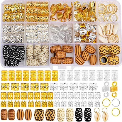 Jelyne 133 PCS Hair Jewelry for Braids - Gold Hair Cuffs, Locs Hair Coils, Dreadlock Accessories, Shells & Wood-Like Hair Tube Beads Set