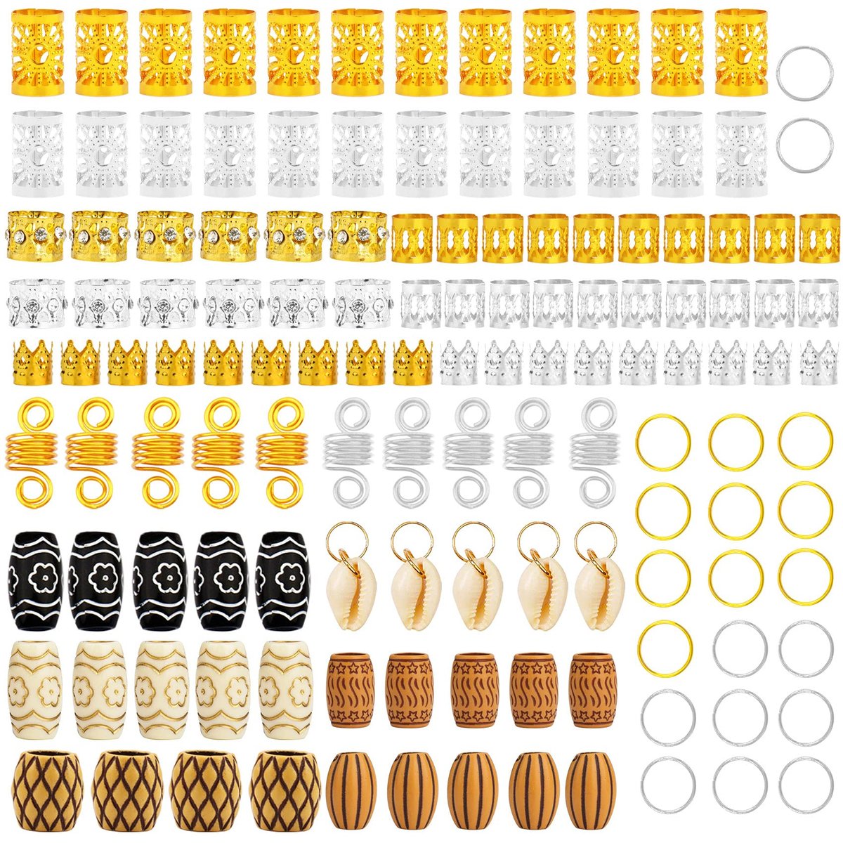 Jelyne 133 PCS Hair Jewelry for Braids - Gold Hair Cuffs, Locs Hair Coils, Dreadlock Accessories, Shells & Wood-Like Hair Tube Beads Set - görsel 3