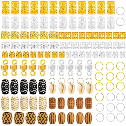 Jelyne 133 PCS Hair Jewelry for Braids - Gold Hair Cuffs, Locs Hair Coils, Dreadlock Accessories, Shells & Wood-Like Hair Tube Beads Set