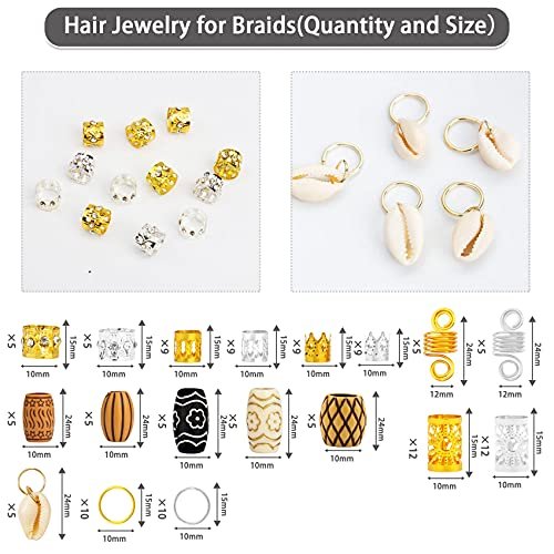 Jelyne 133 PCS Hair Jewelry for Braids - Gold Hair Cuffs, Locs Hair Coils, Dreadlock Accessories, Shells & Wood-Like Hair Tube Beads Set - görsel 6