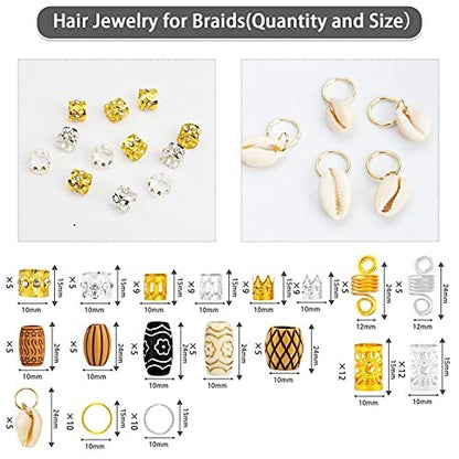 Jelyne 133 PCS Hair Jewelry for Braids - Gold Hair Cuffs, Locs Hair Coils, Dreadlock Accessories, Shells & Wood-Like Hair Tube Beads Set
