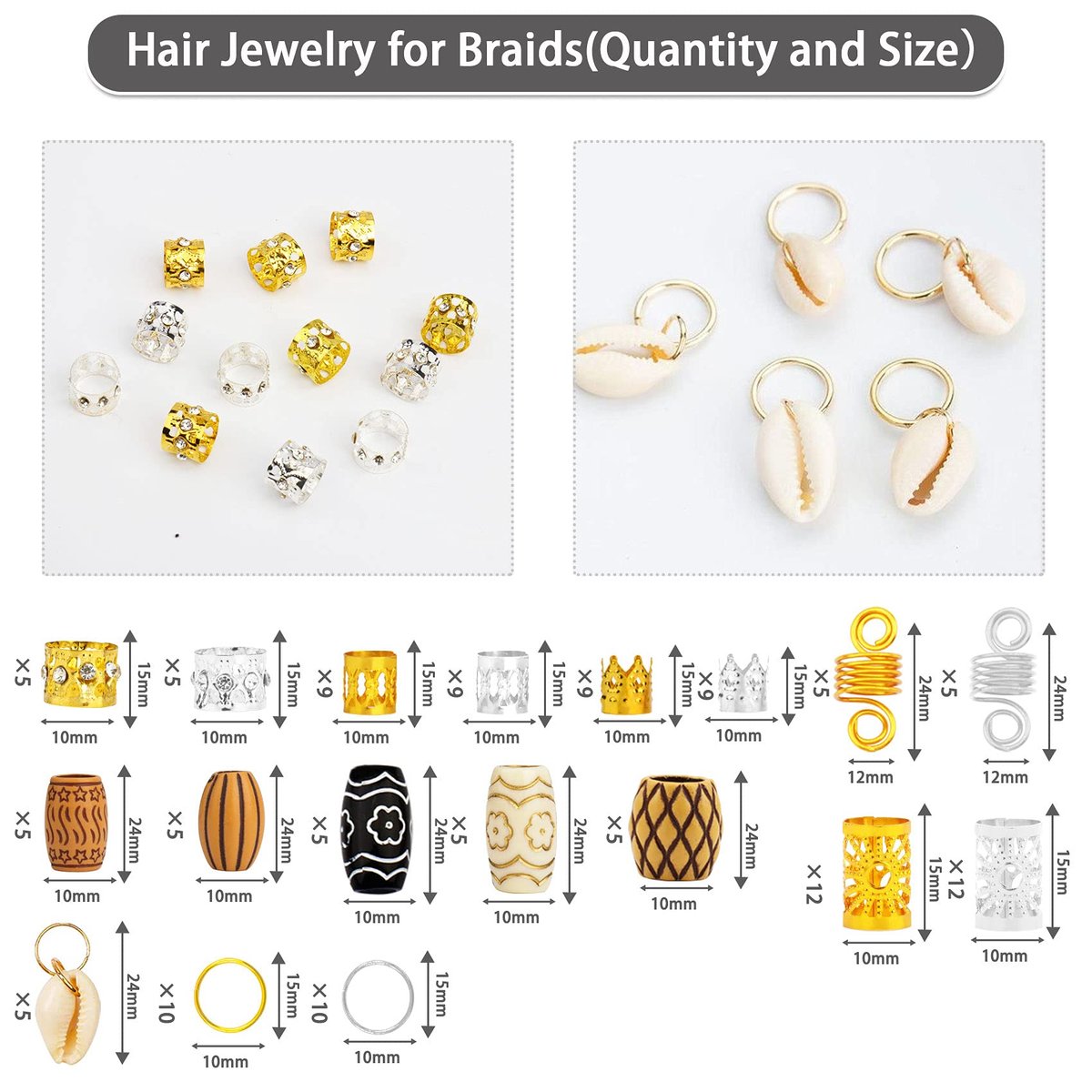 Jelyne 133 PCS Hair Jewelry for Braids - Gold Hair Cuffs, Locs Hair Coils, Dreadlock Accessories, Shells & Wood-Like Hair Tube Beads Set - görsel 5