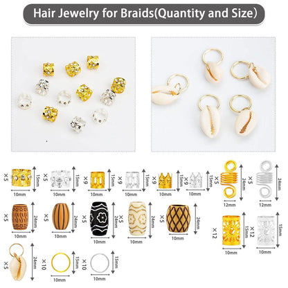 Jelyne 133 PCS Hair Jewelry for Braids - Gold Hair Cuffs, Locs Hair Coils, Dreadlock Accessories, Shells & Wood-Like Hair Tube Beads Set