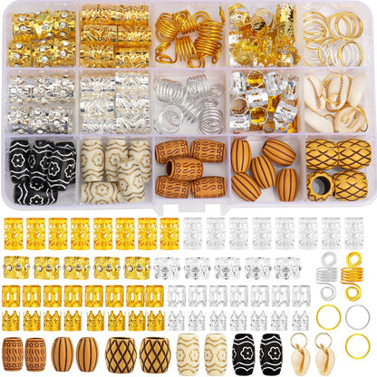 Jelyne 133 PCS Hair Jewelry for Braids - Gold Hair Cuffs, Locs Hair Coils, Dreadlock Accessories, Shells & Wood-Like Hair Tube Beads Set
