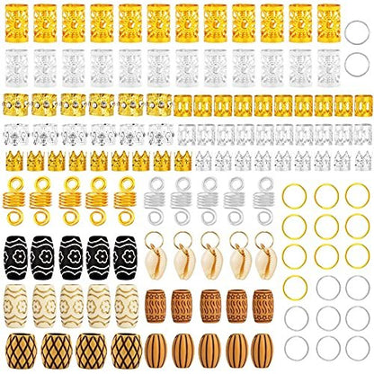 Jelyne 133 PCS Hair Jewelry for Braids - Gold Hair Cuffs, Locs Hair Coils, Dreadlock Accessories, Shells & Wood-Like Hair Tube Beads Set