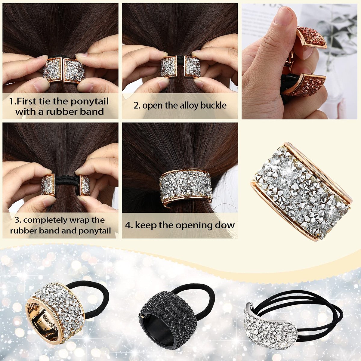 Canlierr 8 Pcs Rhinestone Ponytail Holder Set - Crystal Elastic Hair Ties for Women and Girls, Mixed Colors - görsel 5
