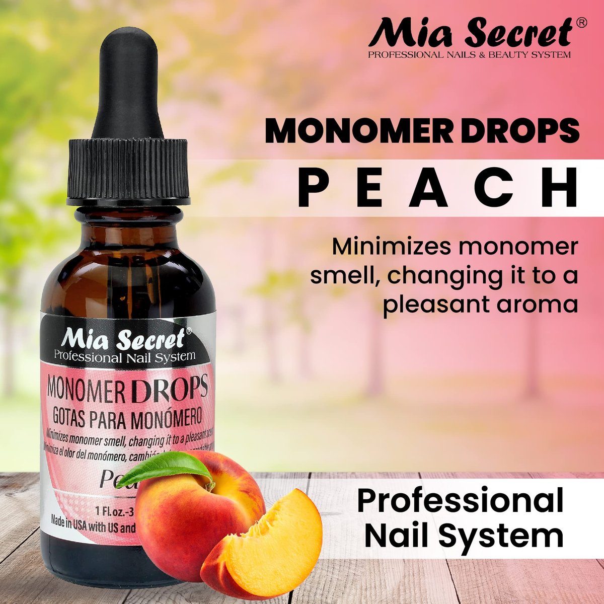 Mia Secret Monomer Drops - Peach Scent - 1 oz - Odor Neutralizer - Liquid Acrylic for Nails Avelisse
