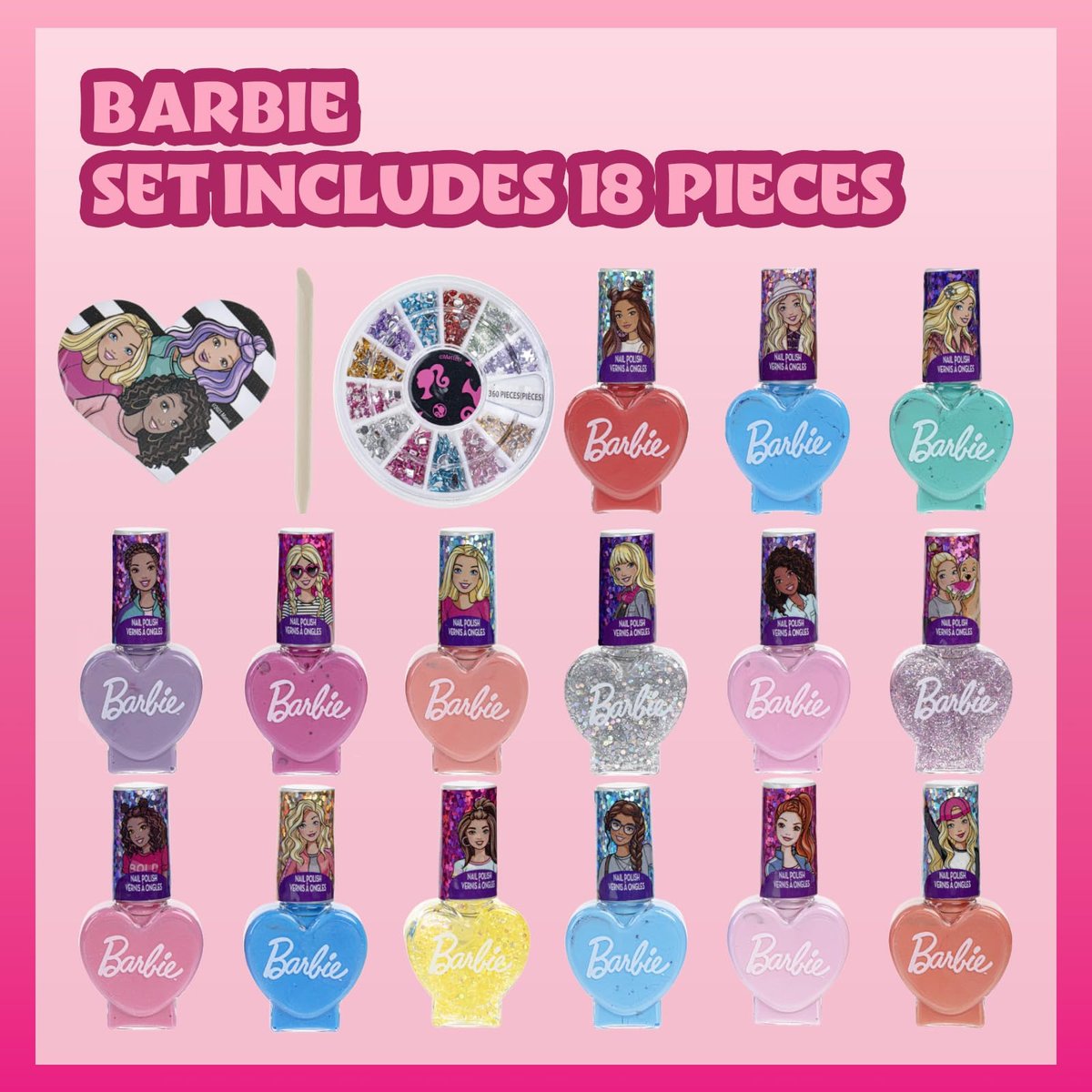Barbie Movie 18 Piece Water-Based Nail Polish Set for Kids - Non-Toxic, Peelable, Includes Nail Gems & File - Perfect for Parties & Birthdays by Townley Girl Avelisse
