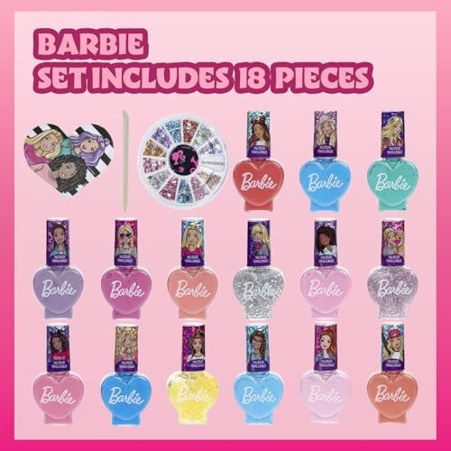 Barbie Movie 18 Piece Water-Based Nail Polish Set for Kids - Non-Toxic, Peelable, Includes Nail Gems & File - Perfect for Parties & Birthdays by Townley Girl Avelisse