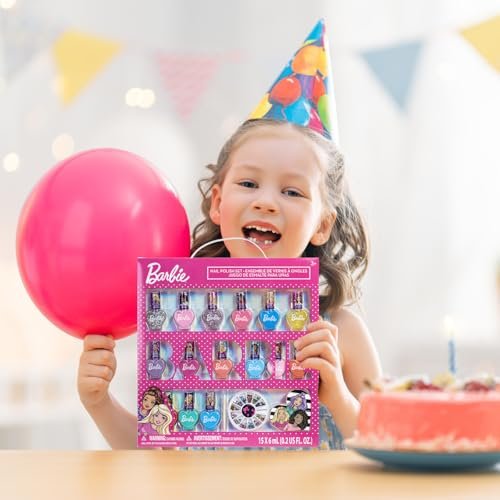 Barbie Movie 18 Piece Water-Based Nail Polish Set for Kids - Non-Toxic, Peelable, Includes Nail Gems & File - Perfect for Parties & Birthdays by Townley Girl Avelisse