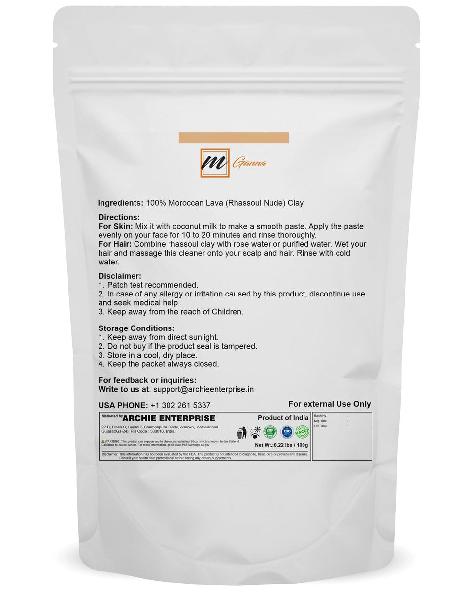 mGanna 100% Natural Moroccan Rhassoul Clay Powder – 100g for Face Masks, Hair Masks, Scrubs, and Soap Making Avelisse
