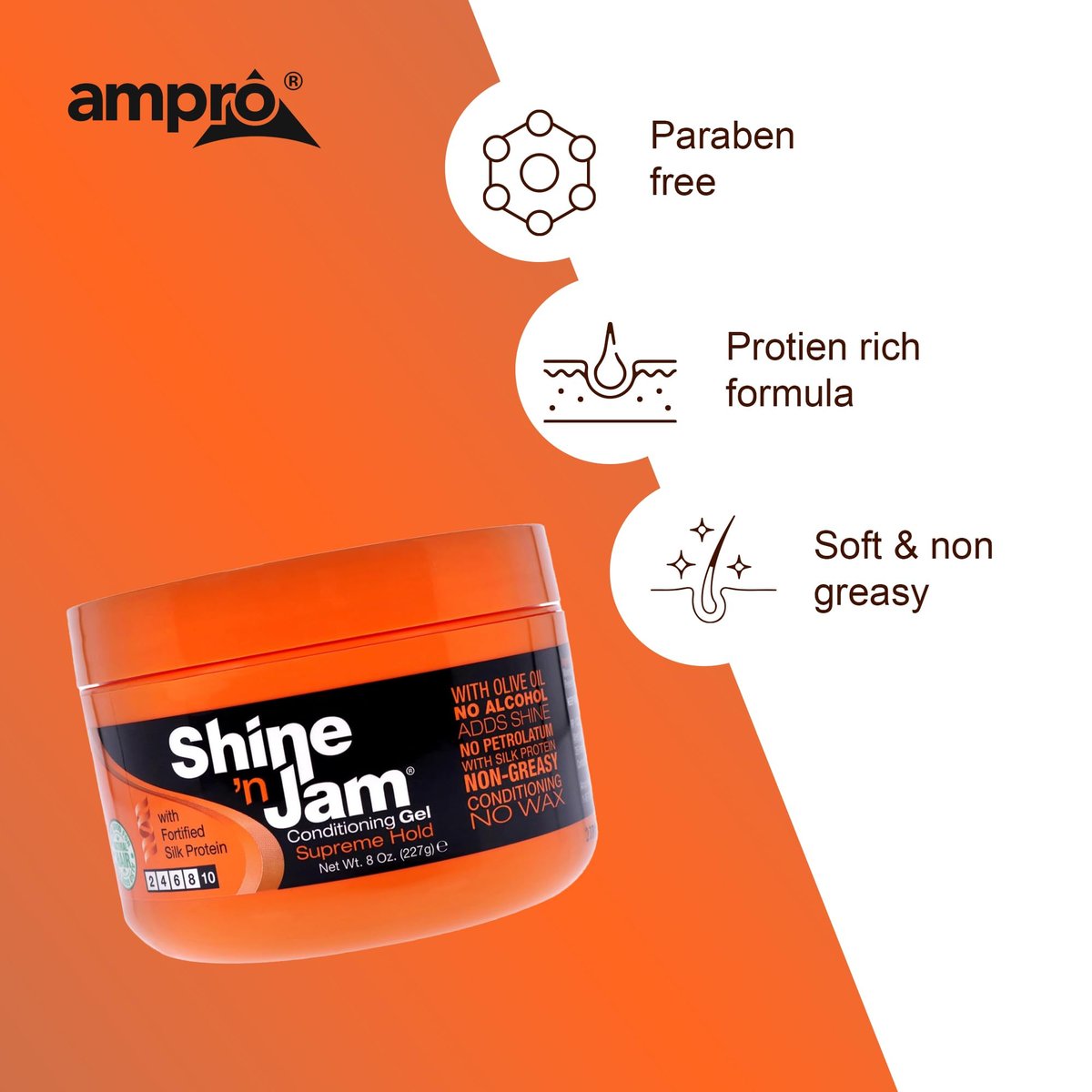 Ampro Shine-n-Jam Supreme Hold Gel - Conditions with Olive Oil & Silk Protein, Non-Greasy Shine, 8 oz Avelisse