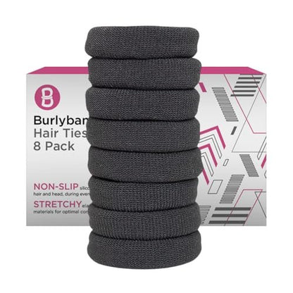 Burlybands Large Hair Ties for Thick, Heavy or Curly Hair - Non-Slip, Non-Damage, Seamless Ponytail Scrunchies - Dark Gray, 8 Pack