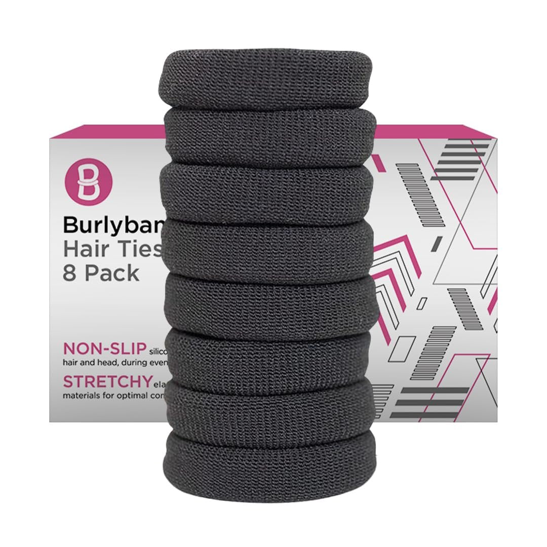 Burlybands Large Hair Ties for Thick, Heavy or Curly Hair - Non-Slip, Non-Damage, Seamless Ponytail Scrunchies - Dark Gray, 8 Pack - görsel 1
