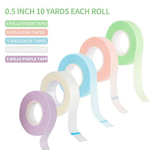 25 PCS Eyelash Extension Tape Set - Adhesive Fabric Lash Tape for Under Eye, Breathable Micropore Medical Tape for Individual Eyelash Extension Supplies (1/2" x 10 Yards Each Roll, Green+Pink+Blue+White+Purple) - görsel 12