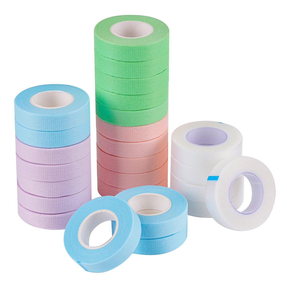 25 PCS Eyelash Extension Tape Set - Adhesive Fabric Lash Tape for Under Eye, Breathable Micropore Medical Tape for Individual Eyelash Extension Supplies (1/2" x 10 Yards Each Roll, Green+Pink+Blue+White+Purple) - görsel 1