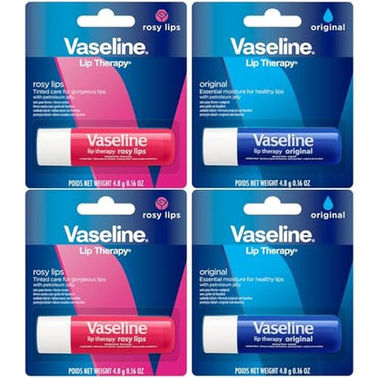 Vaseline Lip Therapy Variety 4-Pack: Original & Rosy Lips Moisturizing Lip Balm with Vitamin E, 0.16 oz Each
