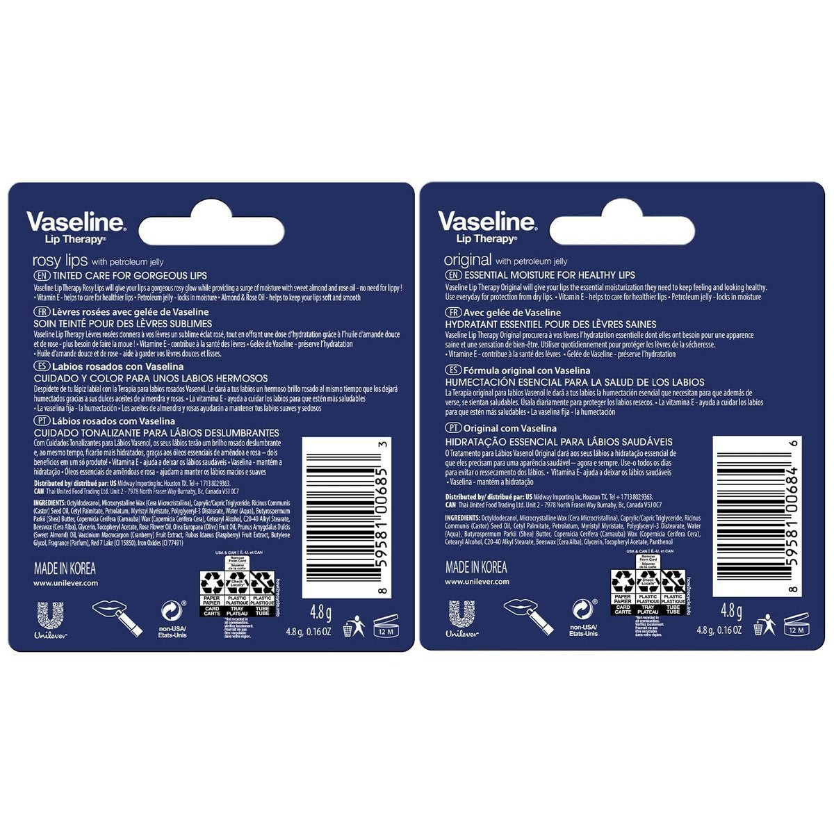 Vaseline Lip Therapy Variety 4-Pack: Original & Rosy Lips Moisturizing Lip Balm with Vitamin E, 0.16 oz Each - görsel 3