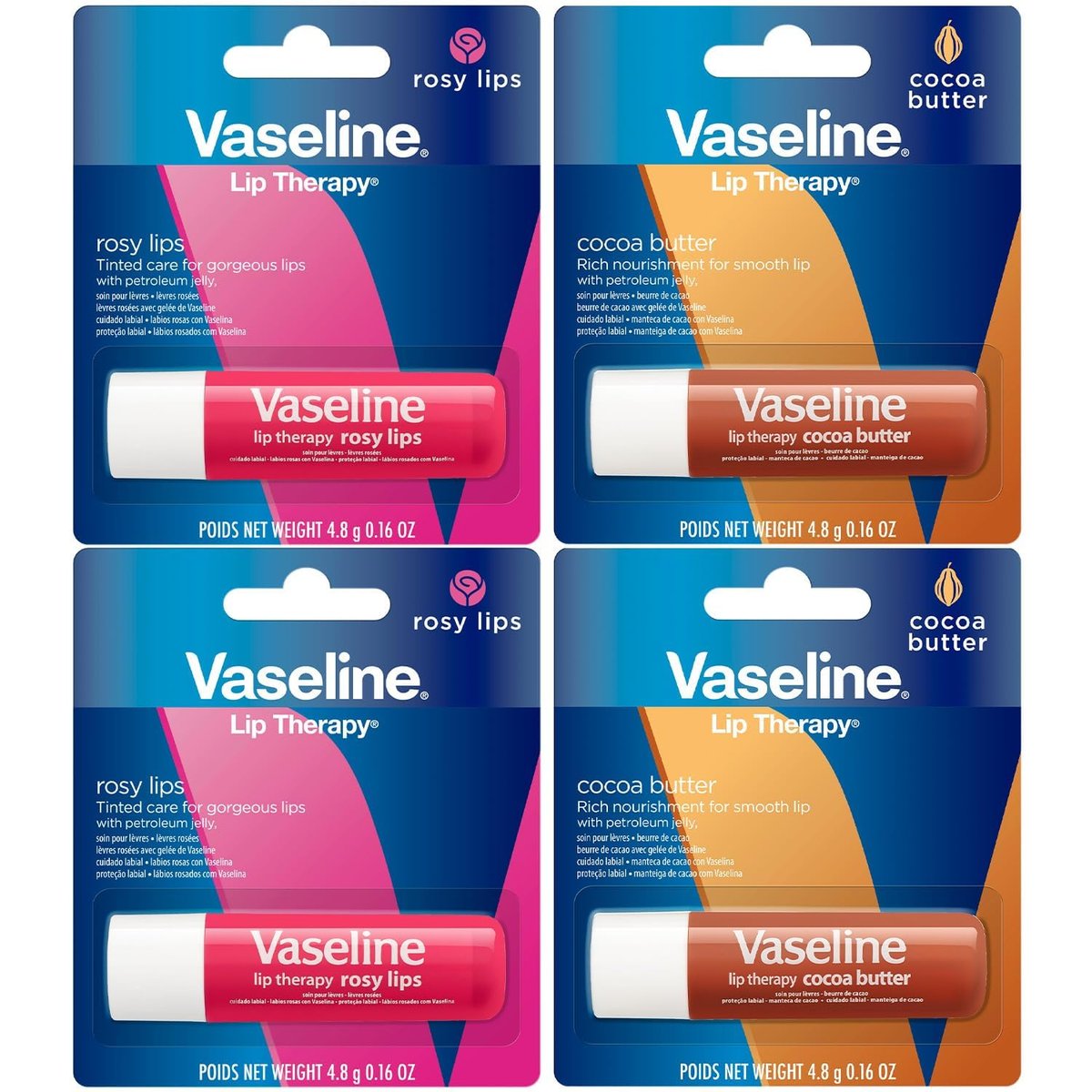 Vaseline Lip Therapy Variety 4-Pack – Rosy Lips + Cocoa Butter Moisturizing Lip Balm with Vitamin E, 0.16 Oz Each - görsel 1