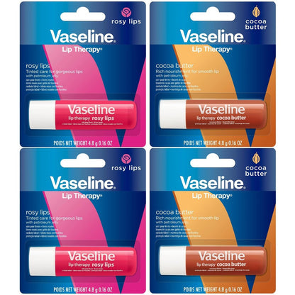 Vaseline Lip Therapy Variety 4-Pack – Rosy Lips + Cocoa Butter Moisturizing Lip Balm with Vitamin E, 0.16 Oz Each