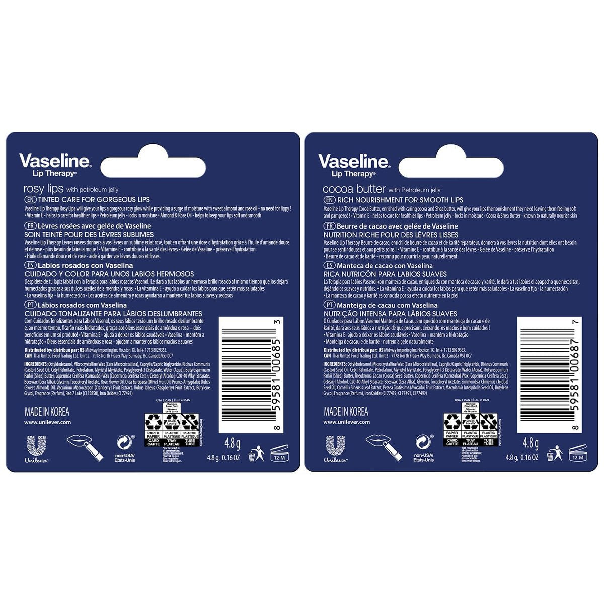 Vaseline Lip Therapy Variety 4-Pack – Rosy Lips + Cocoa Butter Moisturizing Lip Balm with Vitamin E, 0.16 Oz Each - görsel 3