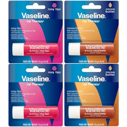 Vaseline Lip Therapy Variety 4-Pack – Rosy Lips + Cocoa Butter Moisturizing Lip Balm with Vitamin E, 0.16 Oz Each