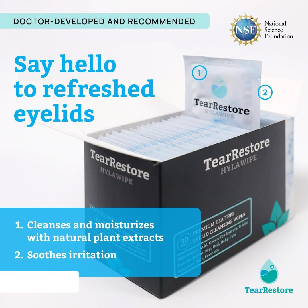 TearRestore Tea Tree HylaWipe Eyelid Wipes - 30 Count | Hydrating Eye Lid Cleanser for Blepharitis, Dry, Red, Itchy Eyes - görsel 3