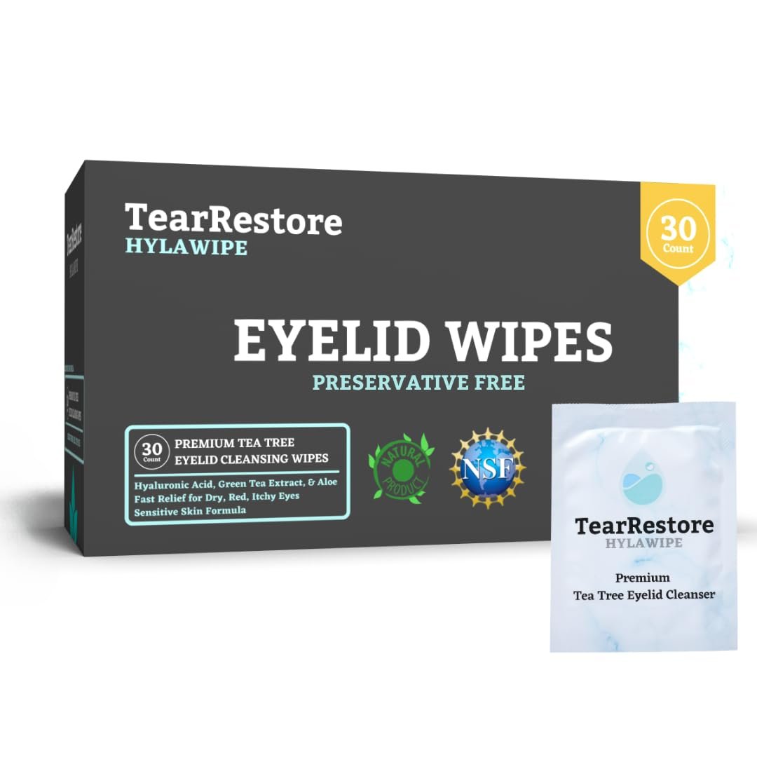 TearRestore Tea Tree HylaWipe Eyelid Wipes - 30 Count | Hydrating Eye Lid Cleanser for Blepharitis, Dry, Red, Itchy Eyes - görsel 1
